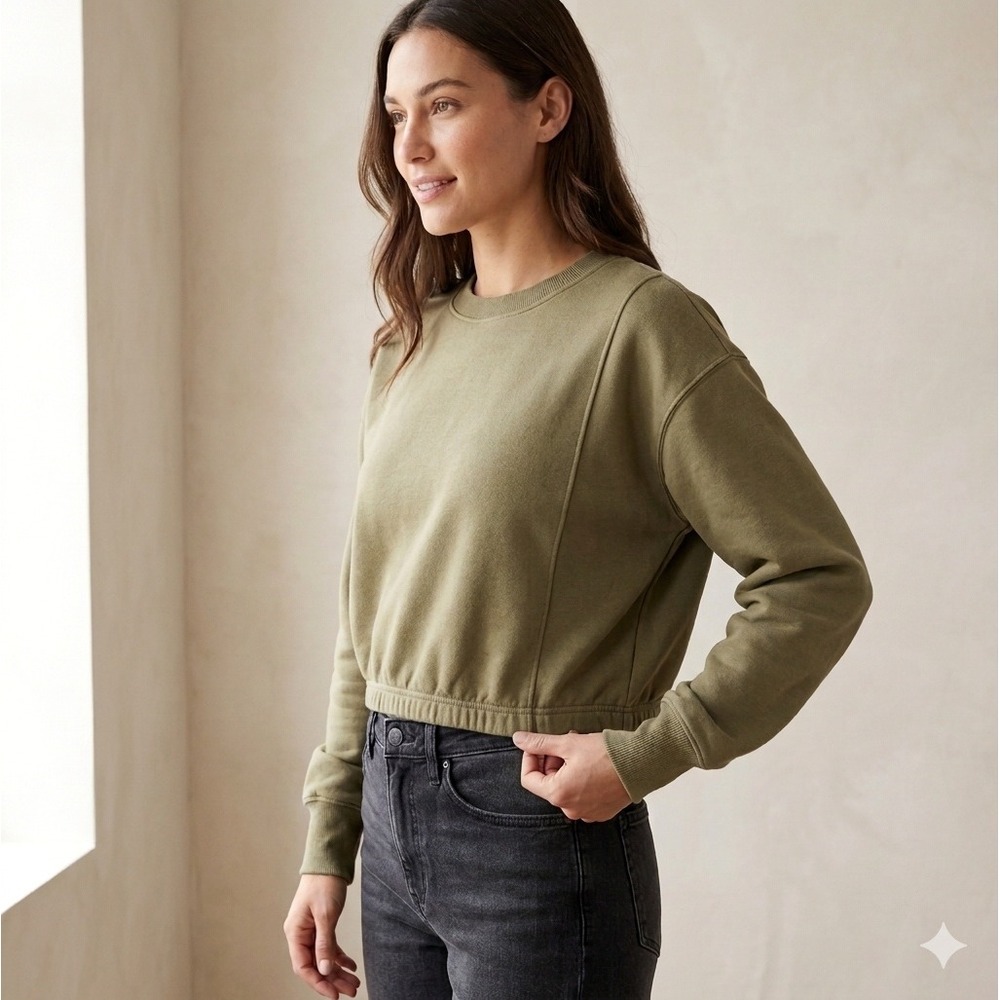 JoyLab Womens Olive Green Cropped‎ Crewneck Sweatshirt Elastic Hem Size M